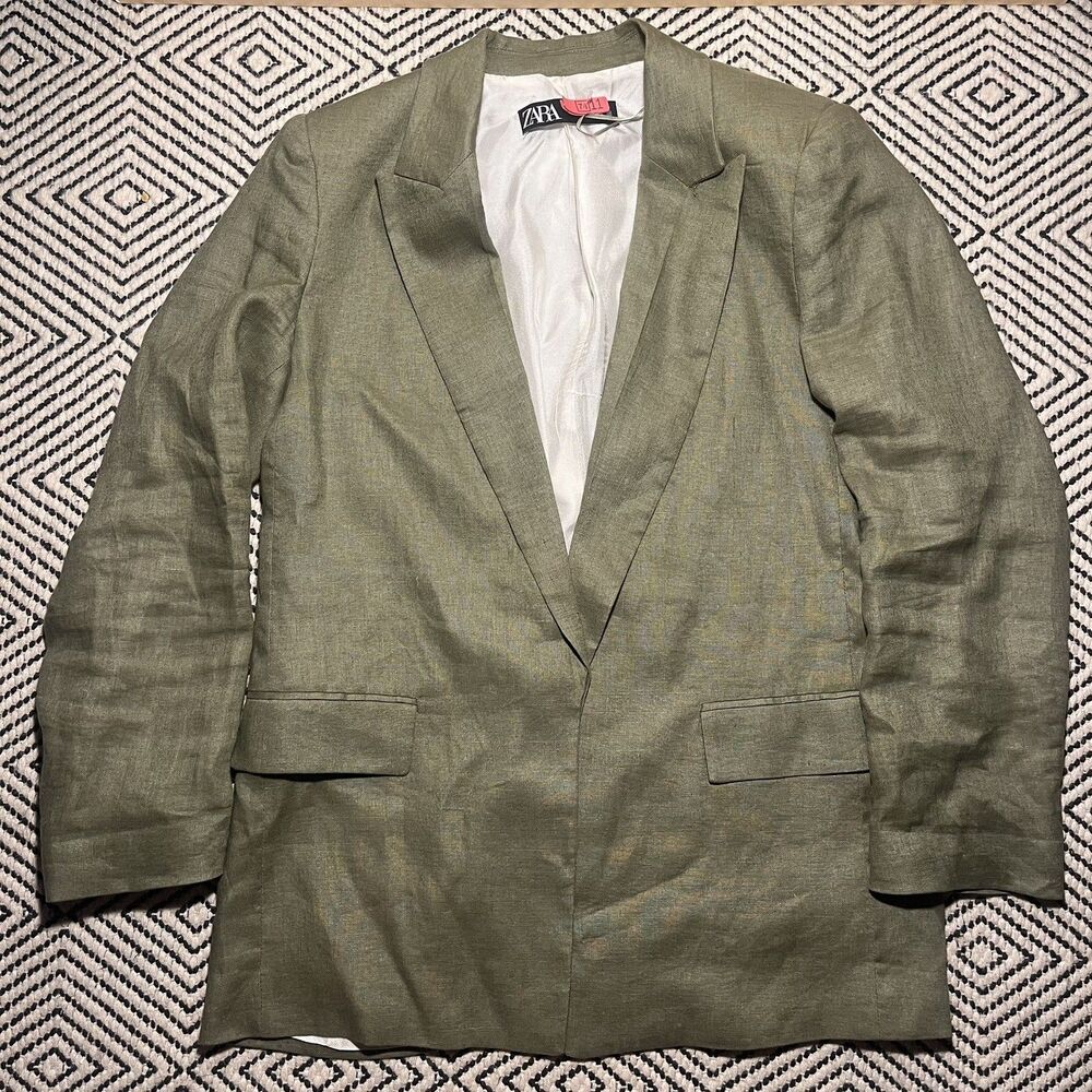 Zara Sports Coat Womens M Linen Oversized Blazer Olive Green